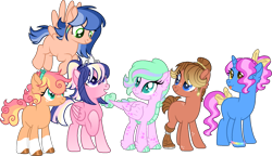 Size: 1707x982 | Tagged: safe, artist:rainbowrocksadopts, imported from derpibooru, oc, oc only, unnamed oc, dracony, earth pony, hybrid, pegasus, pony, unicorn, amputee, bandana, bow, bracelet, coat markings, female, freckles, hair bow, interspecies offspring, jewelry, mare, offspring, parent:applejack, parent:big macintosh, parent:caramel, parent:flash sentry, parent:fluttershy, parent:pinkie pie, parent:pokey pierce, parent:rainbow dash, parent:rarity, parent:soarin', parent:spike, parent:twilight sparkle, parents:carajack, parents:flashlight, parents:fluttermac, parents:pokeypie, parents:soarindash, parents:sparity, prosthetic leg, prosthetic limb, prosthetics, simple background, smiling, socks (coat markings), tail, tail bow, tiara, tongue out, transparent background