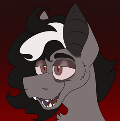 Size: 1610x1625 | Tagged: safe, artist:maplefr0st, imported from derpibooru, oc, bat pony, undead, vampire, vampony, bat ears, black hair, bust, chest fluff, fangs, red eyes, scar, smiling, stitches