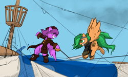 Size: 5000x3000 | Tagged: safe, artist:captainhoers, artist:stormwing, color edit, edit, imported from derpibooru, oc, oc only, oc:atom smasher, oc:high flyer, pegasus, pony, clothes, colored, longcoat, ocean, pirate, pirate ship, ship, swashbuckling, sword, sword fight, water, weapon