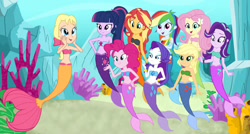 Size: 1280x686 | Tagged: safe, artist:fireluigi29, artist:legobuilder100, imported from derpibooru, applejack, fluttershy, megan williams, pinkie pie, rainbow dash, rarity, sci-twi, starlight glimmer, sunset shimmer, twilight sparkle, mermaid, equestria girls, amazed, coral, fish tail, happy, humane five, humane seven, humane six, looking at each other, looking at someone, mermaid tail, mermarity, smiling, smiling at each other, tail, underwater, water