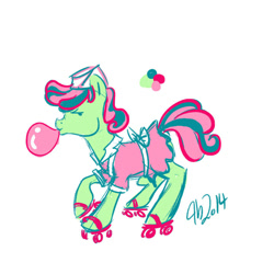 Size: 720x720 | Tagged: safe, artist:bythebrink, artist:littlegenius13, imported from derpibooru, oc, oc only, oc:chatty cathy, earth pony, pony, 2014, bubblegum, cap, earth pony oc, female, food, gum, hat, mare, roller skates, simple background, solo, waitress, white background