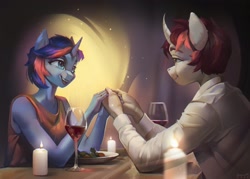 Size: 2048x1469 | Tagged: safe, artist:annna markarova, imported from derpibooru, oc, oc:ironfire, oc:ryo, anthro, pony, unicorn, alcohol, anthro oc, candle, curved horn, digital art, glass, holding hands, horn, romantic, wine, wine glass