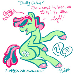 Size: 720x720 | Tagged: safe, artist:bythebrink, artist:littlegenius13, imported from derpibooru, oc, oc only, oc:chatty cathy, earth pony, pony, 2014, earth pony oc, female, mare, simple background, sitting, solo, text, white background