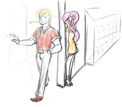 Size: 1152x1008 | Tagged: safe, artist:bythebrink, artist:littlegenius13, imported from derpibooru, big macintosh, fluttershy, human, blushing, blushing profusely, embarrassed, female, fluttermac, hiding, humanized, lockers, male, partial color, shipping, sketch, straight, straw in mouth