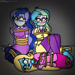 Size: 1280x1283 | Tagged: safe, artist:rdj1995, imported from derpibooru, princess celestia, princess luna, oc, oc:shine, human, equestria girls, bondage, bound and gagged, cleave gag, cloth gag, gag, help us, over the nose gag, principal celestia, rope, ropes, tied up