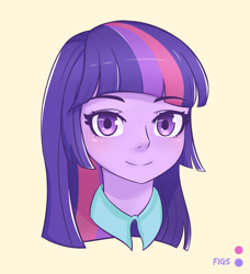 Size: 2324x2550 | Tagged: safe, artist:figs, imported from derpibooru, twilight sparkle, human, equestria girls, bust, eyebrows, eyebrows visible through hair, female, high res, humanized, looking at you, portrait, signature, simple background, smiling, smiling at you, solo, twilight sparkle (alicorn), yellow background