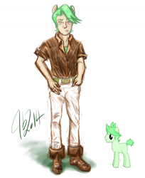 Size: 1280x1572 | Tagged: safe, artist:bythebrink, artist:littlegenius13, imported from derpibooru, oc, oc only, earth pony, human, pony, 2014, boots, clothes, eared humanization, hand in pocket, humanized, looking up, male, pants, shoes, simple background, solo, stallion, white background