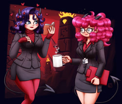 Size: 1280x1091 | Tagged: safe, artist:king-kakapo, imported from derpibooru, pinkie pie, rarity, human, book, breasts, busty pinkie pie, busty rarity, clipboard, clothes, coffee, coffee mug, commission, crossover, dress, duo, duo female, female, glasses, helltaker, horns, humanized, modeus (helltaker), mug, pandemonica (helltaker), side slit, tail