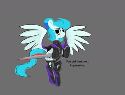 Size: 1399x1061 | Tagged: safe, artist:xdamny, imported from derpibooru, oc, oc:piva storm, pegasus, blood, flying, latex, shadowbolts, spread wings, sword, weapon, wings