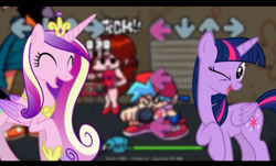 Size: 1536x929 | Tagged: safe, imported from derpibooru, princess cadance, twilight sparkle, alicorn, pony, boyfriend (friday night funkin), eyes closed, female, friday night funkin', girlfriend (friday night funkin), happy, looking at someone, mare, one eye closed, sisters-in-law, smiling, twilight sparkle (alicorn), whitty, youtuber:androsonic2