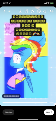 Size: 828x1792 | Tagged: safe, artist:enperry88, imported from derpibooru, rainbow dash, pegasus, pony, clothes, collaboration, color block, confused, crossover, female, mare, multicolored background, rainbow background, raised hoof, shirt, splatoon 3, undershirt