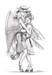 Size: 1000x1420 | Tagged: safe, artist:baron engel, imported from derpibooru, ocellus, princess cadance, alicorn, anthro, changedling, changeling, unguligrade anthro, black and white, bracelet, breasts, busty princess cadance, clothes, crossover, crying, dress, eyes closed, female, grayscale, hat, hug, jewelry, lightsaber, monochrome, necklace, pearl bracelet, pearl necklace, pencil drawing, sideboob, simple background, socks, star wars, sun hat, sundress, traditional art, weapon, white background