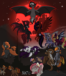Size: 2994x3438 | Tagged: safe, artist:maplefr0st, imported from derpibooru, oc, bat pony, undead, vampire, vampony, artfight, complex background, lunar, moon, multiple characters, red, shading