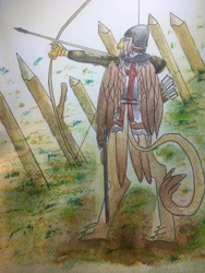 Size: 3024x4032 | Tagged: safe, artist:schwarz, imported from derpibooru, oc, oc:zahnrad, griffon, age of empires, archer, archery, armor, british, long bow, sword, traditional art, watercolor painting, weapon