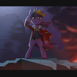 Size: 1920x1920 | Tagged: safe, artist:d3f4ult_4rt1st, imported from derpibooru, twilight sparkle, pony, bipedal, clothes, coat, cosplay, costume, crown, fallen kingdom, female, fire, jewelry, king, mare, minecraft, moonlight, night, ponified, reference, regalia, sad, salute, solo, technoblade, wind