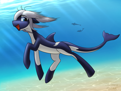 Size: 3000x2250 | Tagged: safe, artist:dash wang, imported from derpibooru, oc, oc only, oc:toy joy, dolphin, orca, orca pony, original species, blue eyes, countershading, crepuscular rays, digital art, dorsal fin, female, fish tail, flowing mane, flowing tail, mare, ocean, open mouth, open smile, signature, smiling, solo, sunlight, tail, teeth, underwater, water, white mane