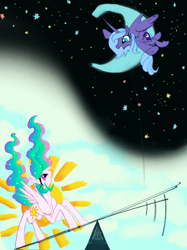 Size: 2624x3500 | Tagged: safe, artist:ja0822ck, imported from derpibooru, princess celestia, princess luna, alicorn, pony, duo, moon, s1 luna, seesaw, sun