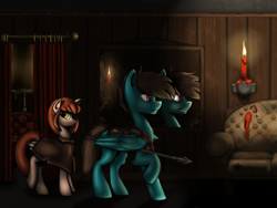 Size: 1600x1200 | Tagged: safe, artist:sugartanuki, imported from derpibooru, oc, oc:summer, pegasus, armor, brown mane, candle, candle wax, couch, cuffs, curtains, digital painting, drapes, fire, mirror, orange mane, painting, reflection, spear, weapon