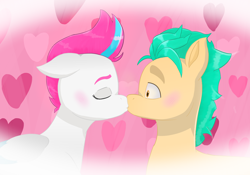 Size: 3092x2160 | Tagged: safe, artist:malarkey, artist:qncle, edit, imported from derpibooru, hitch trailblazer, zipp storm, earth pony, pegasus, pony, blushing, duo, eyes closed, female, g5, hitchzipp, inspired by another artist, kiss on the lips, kissing, male, mare, shipping, stallion, straight