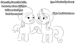 Size: 540x311 | Tagged: safe, artist:gli-duo-quaver, imported from derpibooru, rumble, sweetie belle, pegasus, pony, unicorn, colt, female, filly, foal, holding hooves, male, rumbelle, shipping, shipping denied, straight, text, vincent tong, voice actor joke