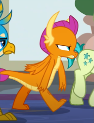 Size: 509x671 | Tagged: safe, imported from derpibooru, screencap, gallus, sandbar, smolder, dragon, earth pony, griffon, pony, school daze, cropped, dragoness, female, smolder is not amused, solo focus, unamused