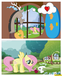 Size: 1255x1528 | Tagged: safe, artist:conikiblasu-fan, edit, edited screencap, imported from derpibooru, screencap, angel bunny, discord, fluttershy, draconequus, pegasus, pony, rabbit, animal, apple, food, heart, herbivore, house, implied discoshy, implied shipping, implied straight, looking out the window, scene interpretation, signature, theme song, window