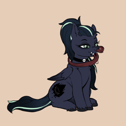 Size: 3000x3000 | Tagged: safe, artist:cold-blooded-twilight, imported from derpibooru, oc, oc only, oc:arkessa, pegasus, pony, boop, choker, fangs, forked tongue, long tongue, self-boop, simple background, solo, tan background, tongue out