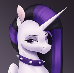 Size: 3561x3544 | Tagged: safe, artist:aquaticvibes, imported from derpibooru, princess celestia, alicorn, pony, between dark and dawn, bust, collar, eyebrows, female, frown, gray background, high res, looking at you, mare, portrait, punklestia, simple background, solo, spiked collar