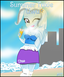 Size: 843x1009 | Tagged: safe, artist:nclolzzz, imported from derpibooru, trixie, human, equestria girls, base used, belly button, breasts, clothes, drink, female, midriff, one eye closed, open mouth, open smile, skirt, smiling, solo, sun, uwu