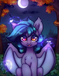 Size: 2414x3083 | Tagged: safe, artist:radioaxi, imported from derpibooru, oc, oc only, oc:scrimmy, bat pony, butterfly, pony, :p, bat pony oc, crescent moon, fangs, looking at you, moon, night, solo, stars, tongue out, tree