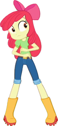 Size: 338x734 | Tagged: safe, imported from derpibooru, screencap, apple bloom, human, equestria girls, apple bloom's bow, belt, boots, bow, clothes, cropped, denim, hair bow, jeans, pants, shirt, shoes, simple background, transparent background