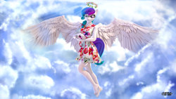 Size: 1920x1080 | Tagged: safe, artist:anthroponiessfm, imported from derpibooru, oc, oc:aurora starling, anthro, pegasus, plantigrade anthro, 3d, angelic wings, anthro oc, barefoot, clothes, cloud, cute, dress, feet, female, floral head wreath, flower, flying, glasses, jewelry, looking at you, pendant, sky, smiling, source filmmaker, wings