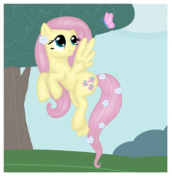 Size: 1144x1176 | Tagged: safe, artist:luciekj, imported from derpibooru, fluttershy, butterfly, pegasus, pony, 2013, female, flower, flower in tail, flying, mare, old art, solo, tail, tree