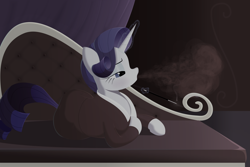 Size: 8000x5333 | Tagged: safe, alternate version, artist:mizhisha, imported from derpibooru, rarity, pony, unicorn, blowing smoke, cigarette, cigarette holder, classy, clothes, couch, curtains, eyeshadow, female, glowing, glowing horn, horn, lineless, magic, makeup, mare, noir, robe, smoking, solo, telekinesis