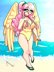 Size: 1800x2400 | Tagged: safe, artist:mylittleyuri, imported from derpibooru, fluttershy, human, alternate hairstyle, beach, blushing, breasts, busty fluttershy, choker, cleavage, clothes, cute, elf ears, feet, female, humanized, ocean, one-piece swimsuit, sand, sandals, shyabetes, solo, swimsuit, water, winged humanization, wings
