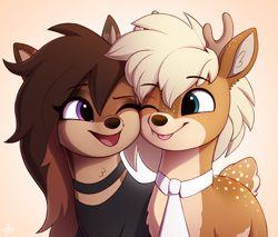 Size: 2000x1700 | Tagged: safe, artist:luminousdazzle, imported from derpibooru, oc, oc only, oc:deeraw, oc:elmwood, deer, deer pony, original species, antlers, buck, chest fluff, clothes, deer oc, doe, duo, ear fluff, female, freckles, friends, long mane, looking at each other, looking at someone, male, markings, necktie, non-pony oc, purple eyes, shirt, smiling, smiling at each other, teal eyes