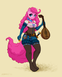 Size: 1600x2000 | Tagged: safe, artist:asimos, imported from derpibooru, part of a set, pinkie pie, anthro, earth pony, plantigrade anthro, bard, bard pie, breasts, cleavage, clothes, corset, fantasy class, female, gold, gold coins, gradient background, lute, melee weapon, musical instrument, shorts, simple background, solo, sword, weapon, yellow background