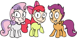 Size: 1348x690 | Tagged: safe, artist:corwin, imported from derpibooru, apple bloom, scootaloo, sweetie belle, earth pony, human head pony, original species, pegasus, pony, unicorn, cutie mark crusaders, female, simple background, stitches, trio, white background