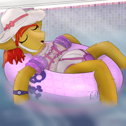 Size: 3000x3000 | Tagged: safe, artist:spiroudada, imported from derpibooru, oc, oc:knight hollows, earth pony, pony, adult foal, bow, bracelet, buoy, clothes, crossdressing, diaper, diaper fetish, drool, fetish, hat, inner tube, jewelry, male, non-baby in diaper, pool toy, sleeping, stallion, swimming pool, swimsuit, vest, water