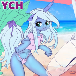 Size: 3000x3000 | Tagged: safe, artist:fd, imported from derpibooru, semi-anthro, beach, bikini, bikini bottom, clothes, commission, horn, shirt, solo, summer, swimsuit, t-shirt, your character here