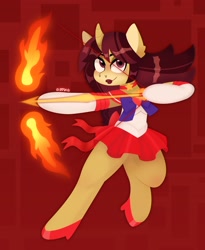 Size: 2760x3360 | Tagged: safe, artist:erichkaofficial, imported from derpibooru, oc, pony, semi-anthro, unicorn, anime, arrow, bow, bow (weapon), bow and arrow, clothes, cool, cosplay, costume, cute, female, fire, lipstick, sailor mars, sailor moon, simple background, skirt, weapon