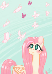 Size: 595x842 | Tagged: safe, artist:cyan7cloud, imported from derpibooru, fluttershy, butterfly, pegasus, pony, blushing, female, folded wings, looking at something, looking up, mare, solo, wings