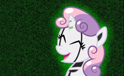 Size: 1540x951 | Tagged: safe, artist:java--jive, imported from derpibooru, sweetie belle, pony, robot, robot pony, unicorn, binary, eyes closed, female, filly, foal, horn, numbers, smiling, sweetie bot, wallpaper