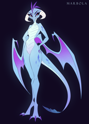 Size: 2137x2944 | Tagged: safe, artist:marbola, imported from derpibooru, princess ember, dragon, black background, curvy, dragon lord ember, dragoness, female, hand on hip, high res, hourglass figure, signature, simple background, smiling, solo, standing