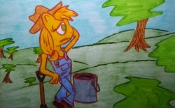 Size: 2181x1351 | Tagged: safe, artist:dex stewart, imported from derpibooru, applejack, anthro, pony, bucket, shovel, solo, traditional art, tree