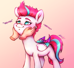 Size: 2294x2106 | Tagged: safe, alternate version, artist:buttersprinkle, imported from derpibooru, part of a set, zipp storm, human, pegasus, pony, adorazipp, alternate character, blushing, cute, disembodied hand, female, g5, gradient background, hand, high res, mare, my little pony: a new generation, offscreen character, offscreen human, squeezing, squishy, squishy cheeks, zipp is a marshmallow