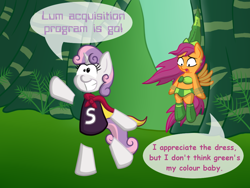 Size: 1024x768 | Tagged: safe, artist:scramjet747, imported from derpibooru, scootaloo, sweetie belle, pegasus, pony, robot, unicorn, bangles, betilla, bikini, bikini top, bipedal, cape, clothes, confused, crossover, dialogue, ear piercing, earring, female, filly, flying, foal, hat, horn, jewelry, kneesocks, miniskirt, piercing, rayman, rayman origins, shirt, skirt, skirtaloo, smiling, socks, speech bubble, spread wings, sweetie bot, sweetie bot replies, swimsuit, text, wings