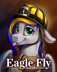 Size: 3268x4096 | Tagged: safe, artist:klarapl, imported from derpibooru, oc, oc only, oc:eagle fly, pegasus, pony, :p, badge, female, firefighter, firefighter helmet, helmet, mare, solo, tongue out