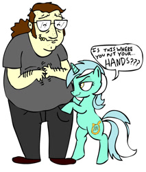 Size: 900x1057 | Tagged: safe, artist:corwin, imported from derpibooru, lyra heartstrings, human, pony, unicorn, bipedal, brony stereotype, clothes, female, hand, male, mare, simple background, that pony sure does love hands, white background