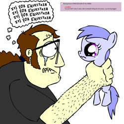 Size: 900x897 | Tagged: safe, artist:corwin, imported from derpibooru, human, pony, brony stereotype, crying, female, filly, foal, holding a pony, implied murder, male, simple background, this will end in tears, vulgar, white background